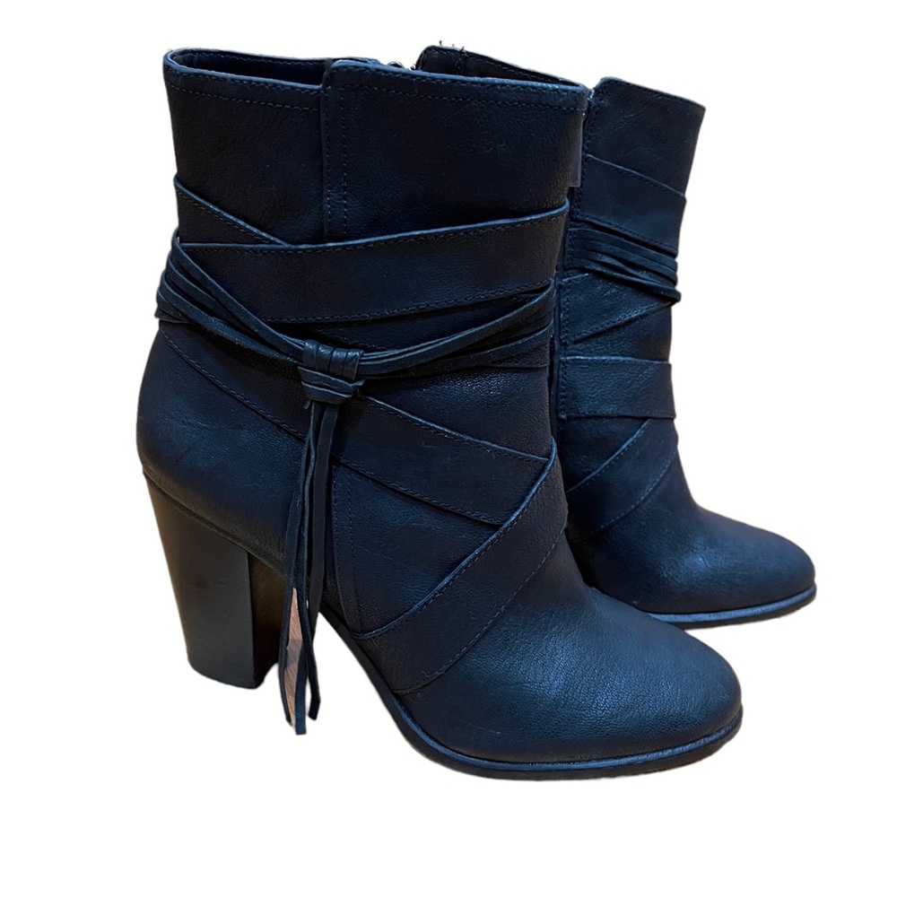Vince Camuto Ferrah Womens Black Leather Tasseled Ankle Boots Size 9 Block Heel
